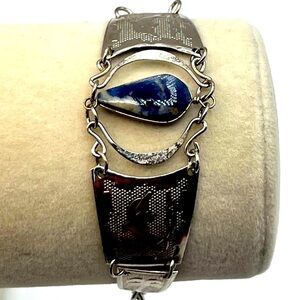 Vintage Mexican Alpaca Silver Bracelet With Genuine Lapis Drop Pendant